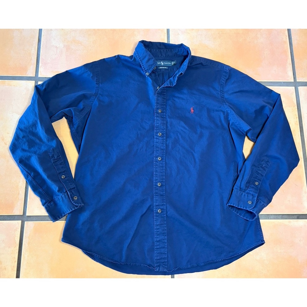Polo Ralph Lauren Mens XL Custom Fit Oxford Blue Long Sleeve Button Down Shirt